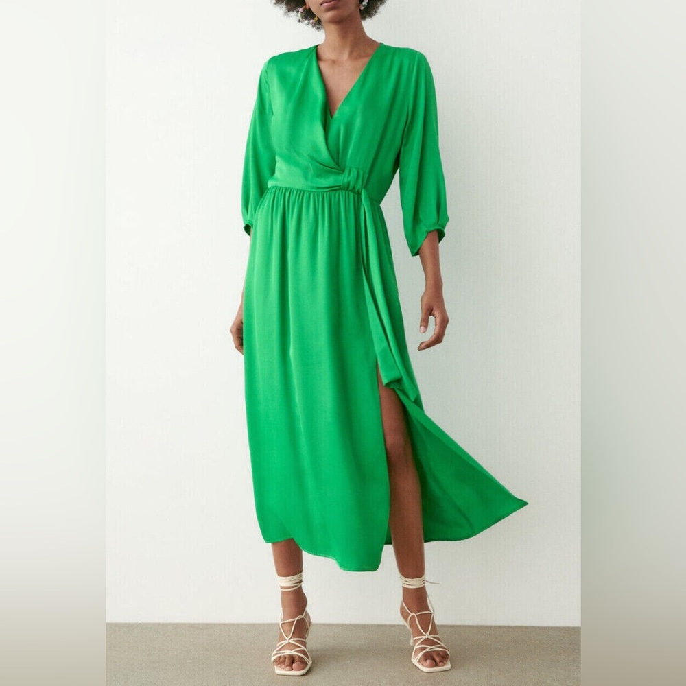 ZARA | Satin Effect Dress with Knot | Color: Green |Size: Medium